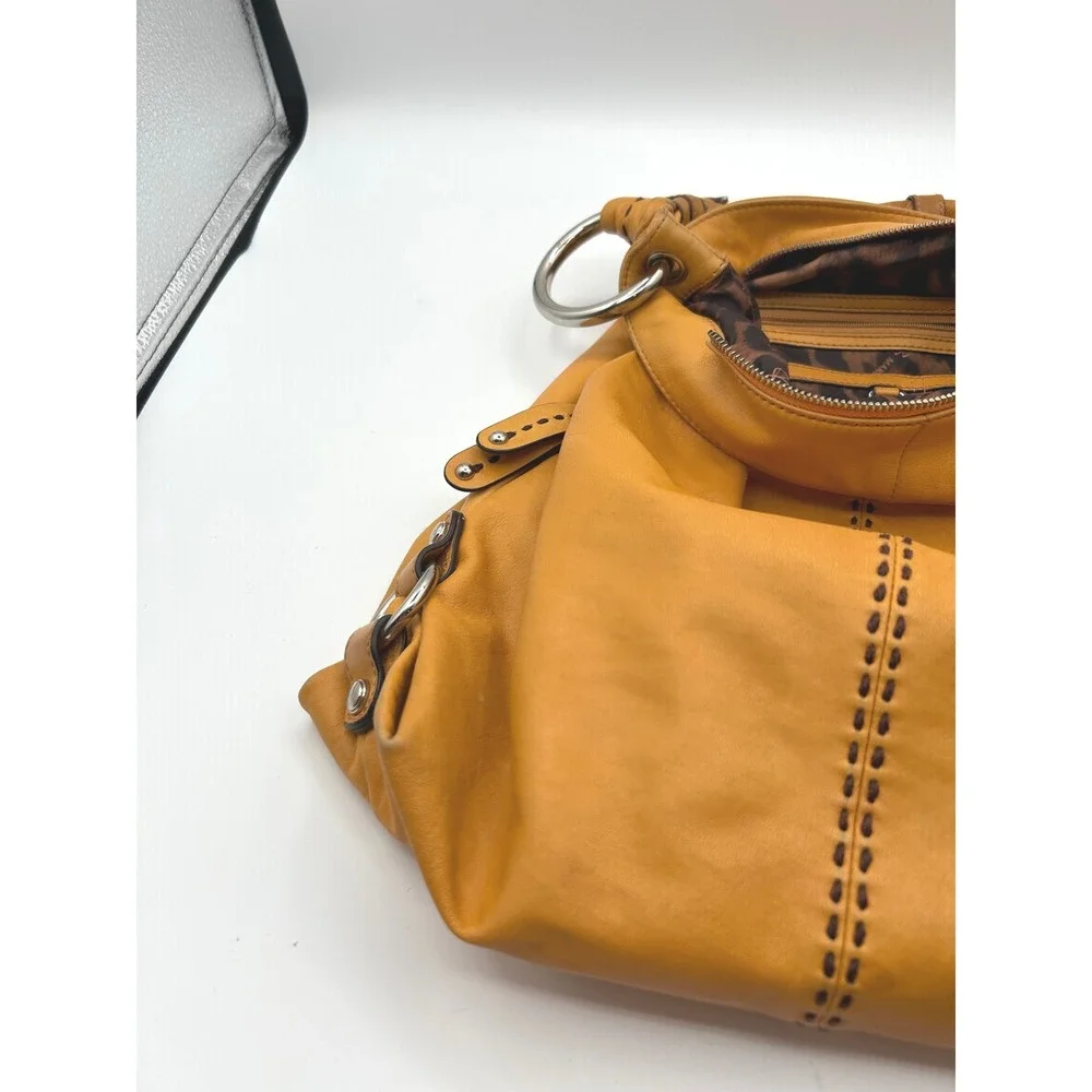 B. Makowsky Hobo Bag Women Large Mustard Yellow Leather Whipstitch Ring Handle